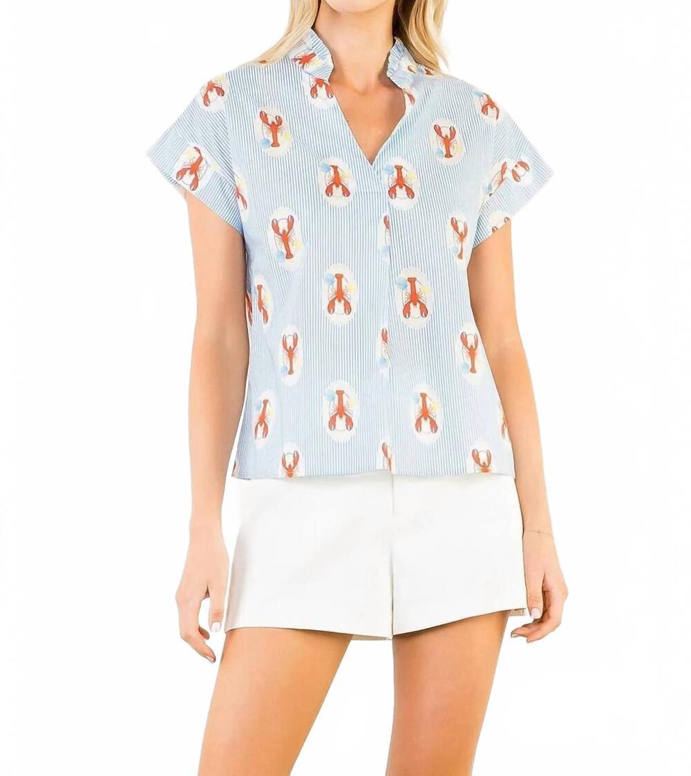 NEW THML striped short sleeve lobster print top in blue